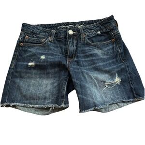 American eagle distressed cutoff denim jean blue walking length shorts size 2